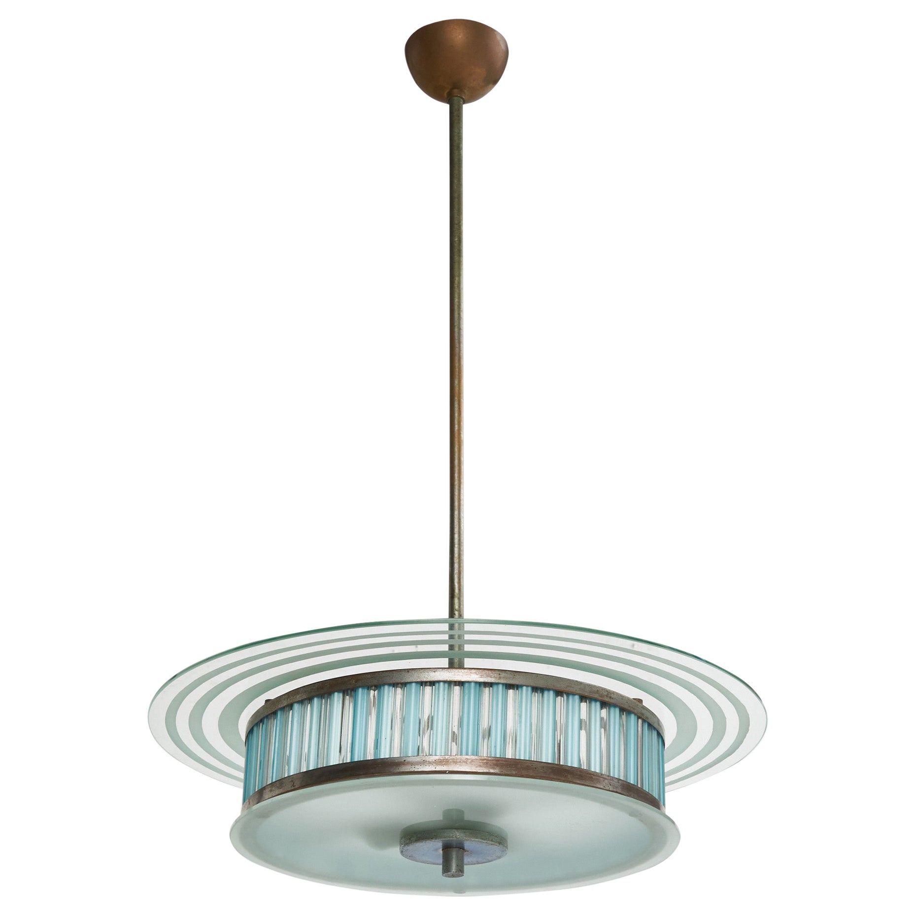 Venini Trieste Attribution, Pendant Light, Nickel, Glass, Copper, Italy, 1930s