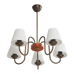 Schwedischer Designer, Kronleuchter, Messing, Holz, Stoff, Schweden, 1940er Jahre