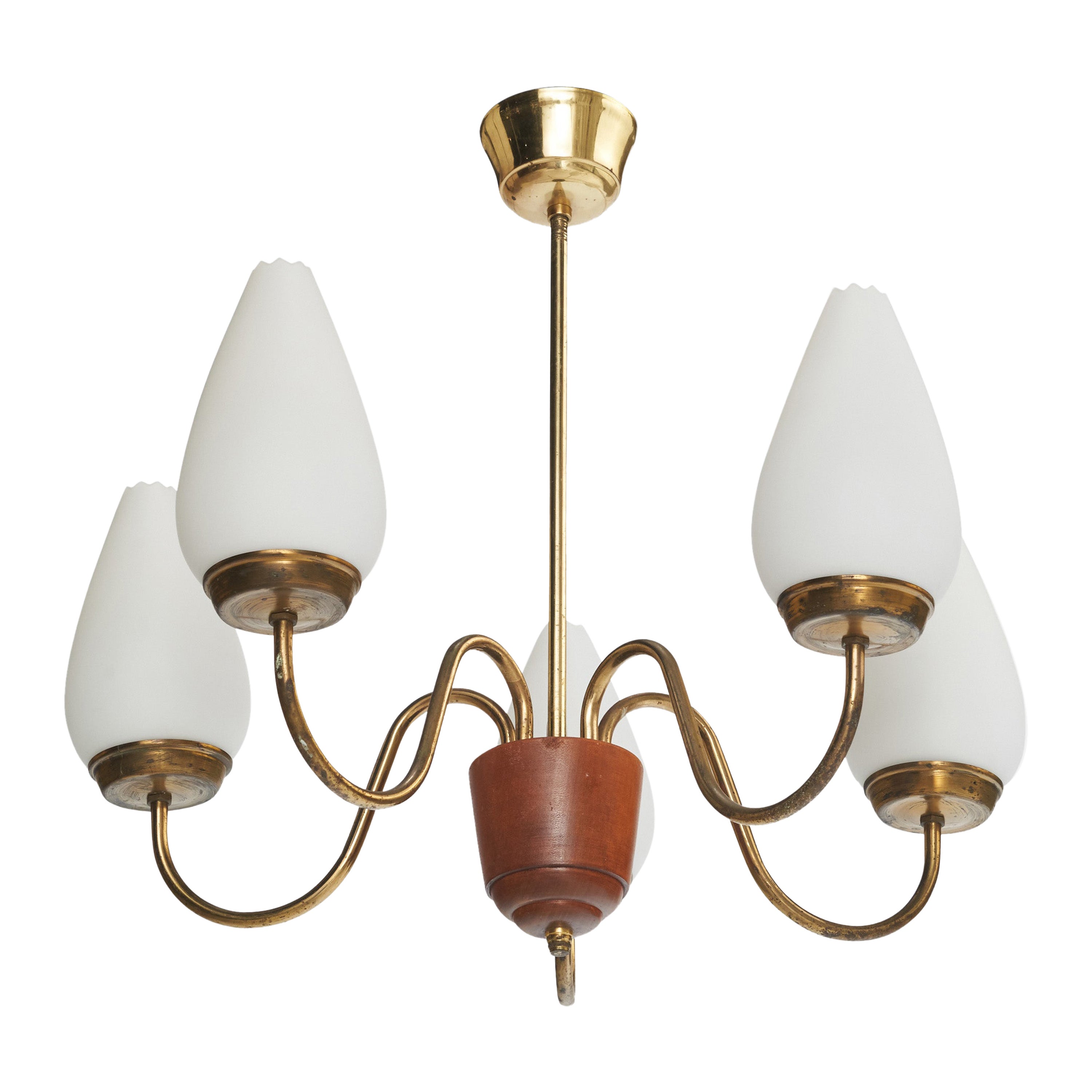 Schwedischer Designer, Kronleuchter, Messing, Holz, Glas, Schweden, 1940er Jahre im Angebot