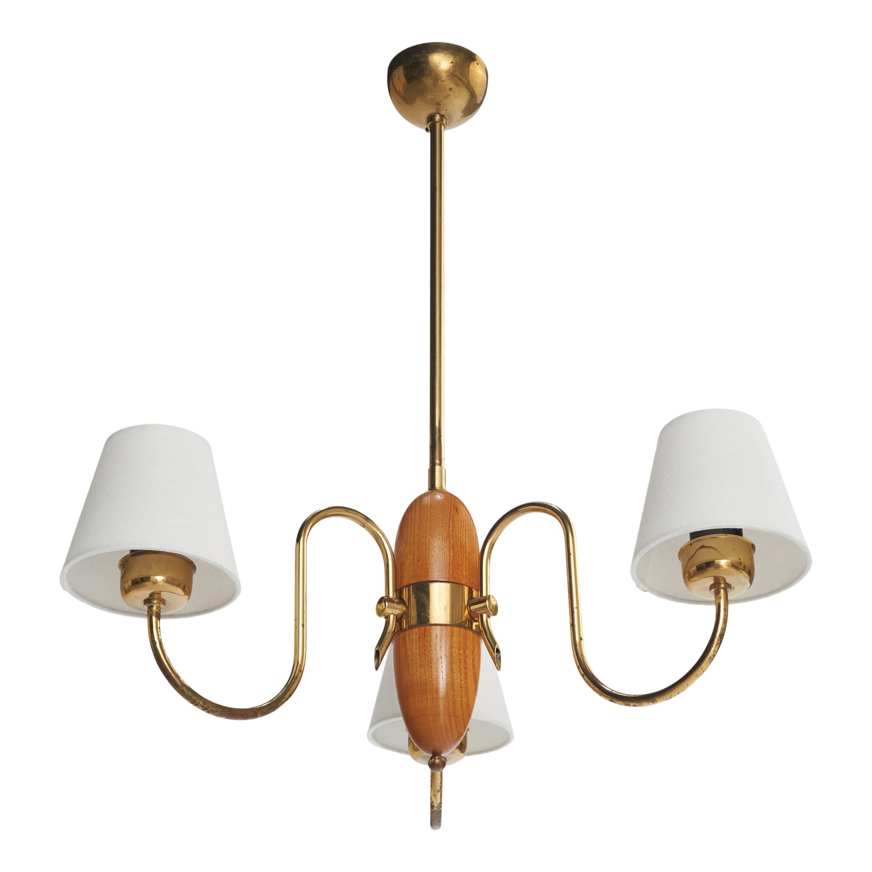 Lampadario di design svedese, ottone, Oak, tessuto, Svezia, anni '40