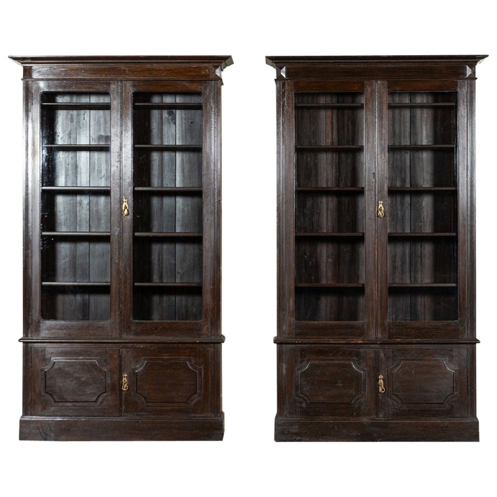 Pair 19thC English Oak Glazed Bookcases