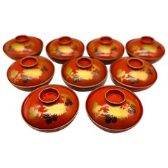 18 Pc, Vintage Japanese Lacquerware Rice Bowls Sets 9 Sets Included