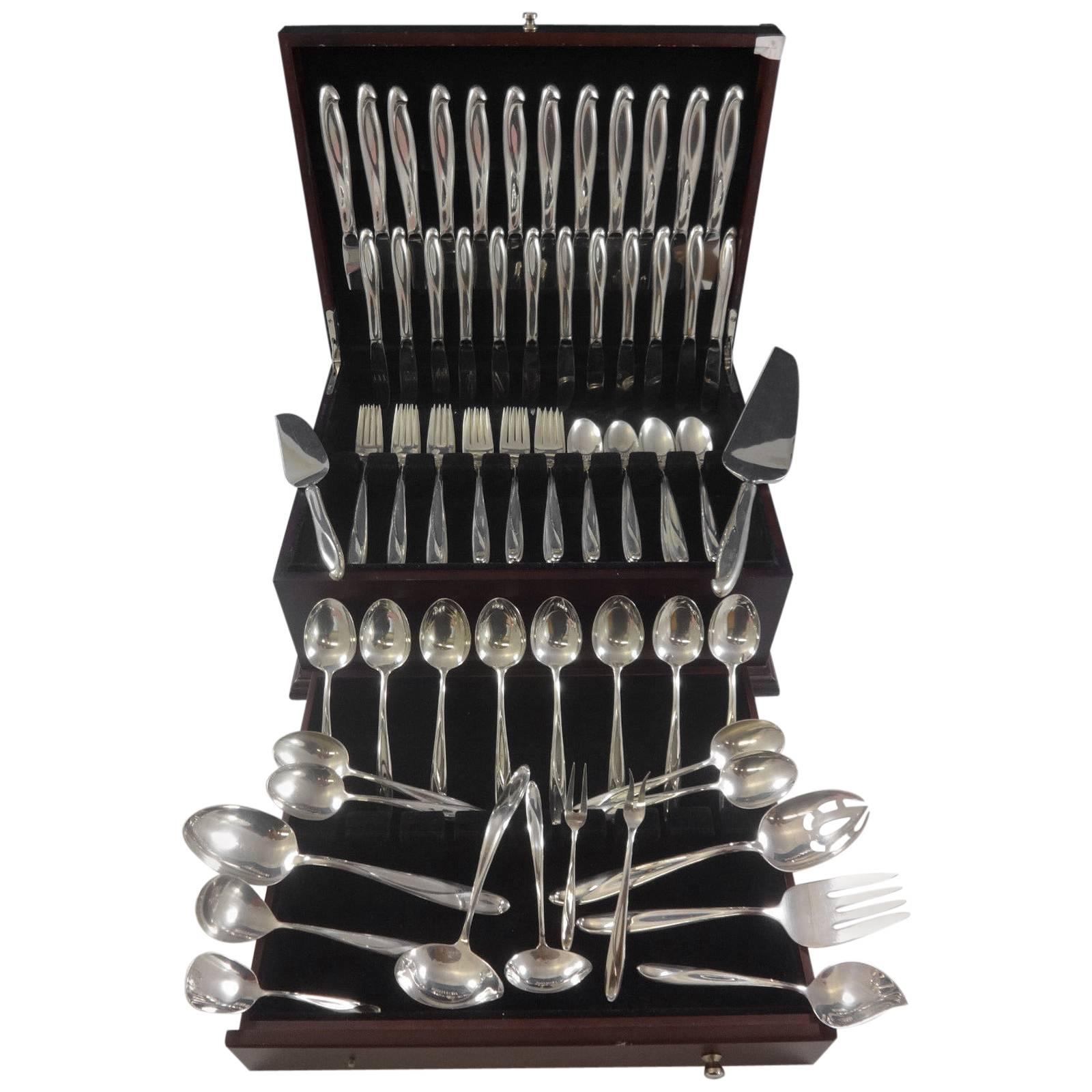 Silver Sculpture by R&B Sterling Silver Flatware Set 12 Service 84 Pieces Modern For Sale