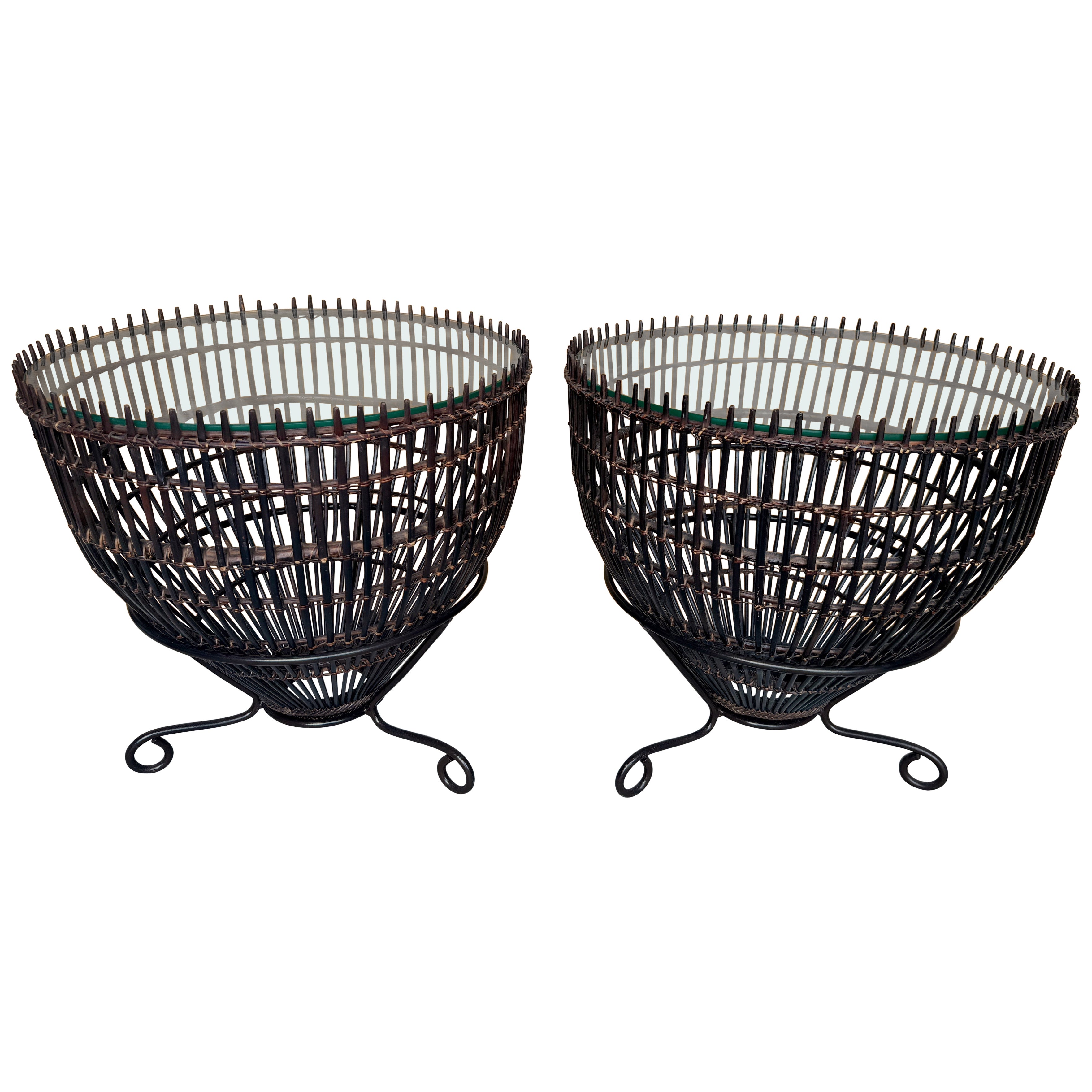 Pair Mid-Century Franco Albini Style Rattan, Iron & Glass Fish Trap Side Tables