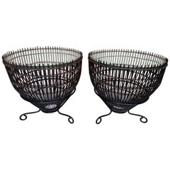 Pair Mid-Century Franco Albini Style Rattan, Iron & Glass Fish Trap Side Tables