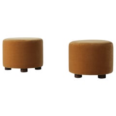 Pair of Low Round Ottomans / Footstools in Pure Gold Mohair