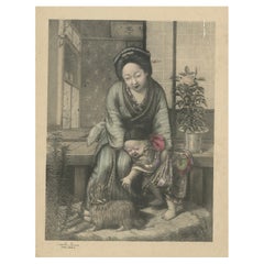 Antique Hand-Colored Japanese Lithograph: Mother, Child, and Dog Scene, c.1880