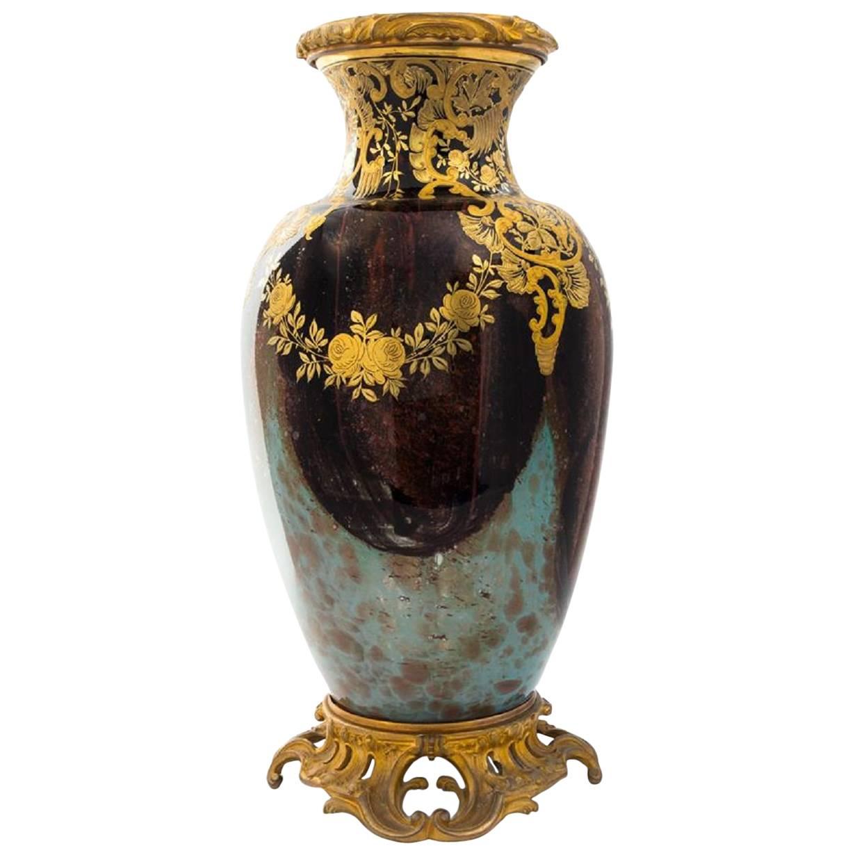 Gilt Bronze-Mounted Gilt Decorated Glass Vase