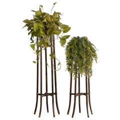 Pair of rush vase holders with leather bindings, McGuire San Francisco 1970