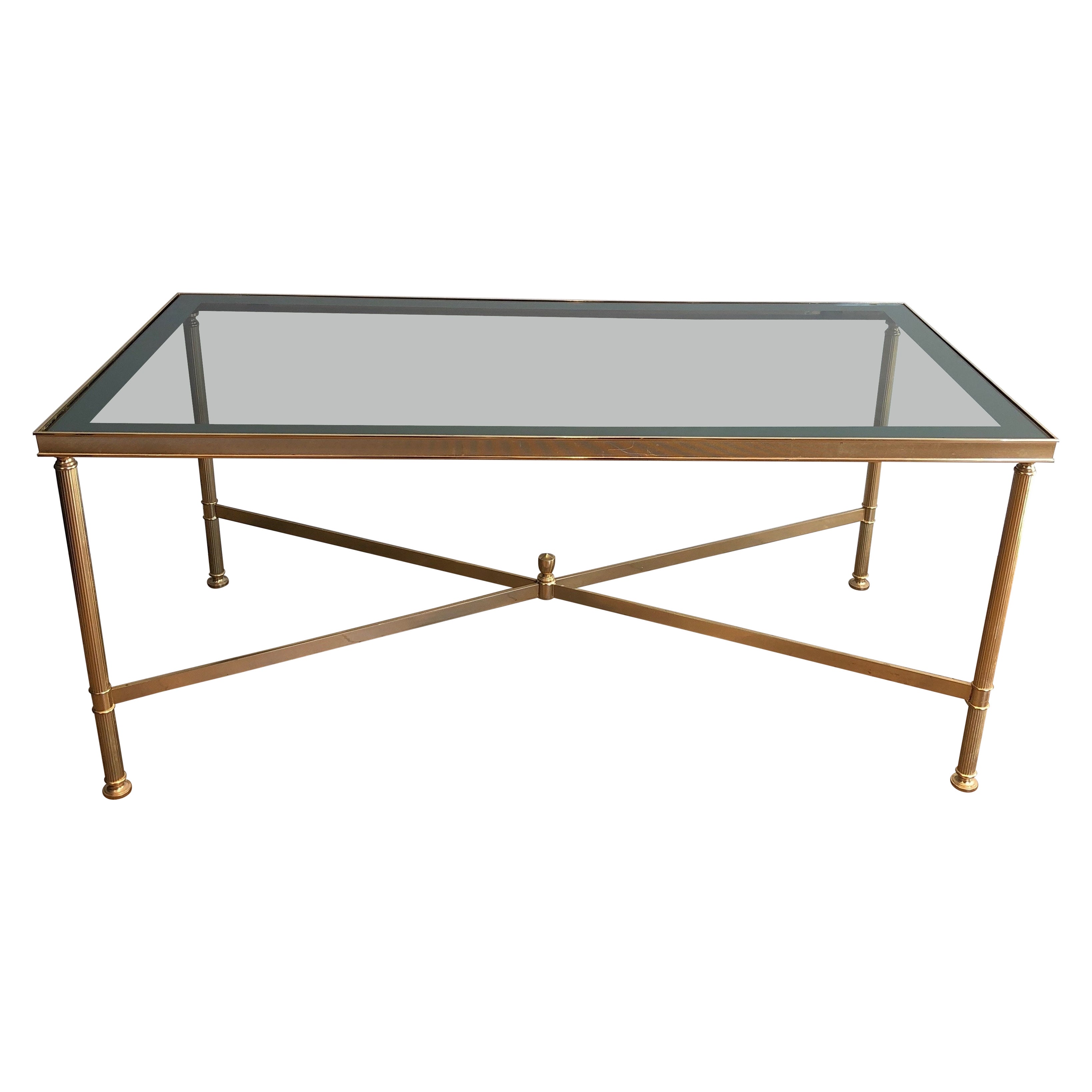 Neoclassical Style Gilt Metal Coffee Table with Blueish Glass Shelf