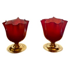 Pair of Red Murano Glass Handkerchief Lamps with Brass Round Base, 1980s