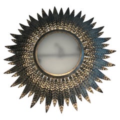 Silvered Metal Sunburst Fixture or Wall Light with an Opaque Round Glass