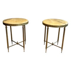 Pair of Neoclassical Style Round Brass Side Tables with Onyx Tops