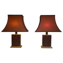 Pair of Chinese Style Lamps in Printed Wood and Gold Metal with Pagoda Lampshade