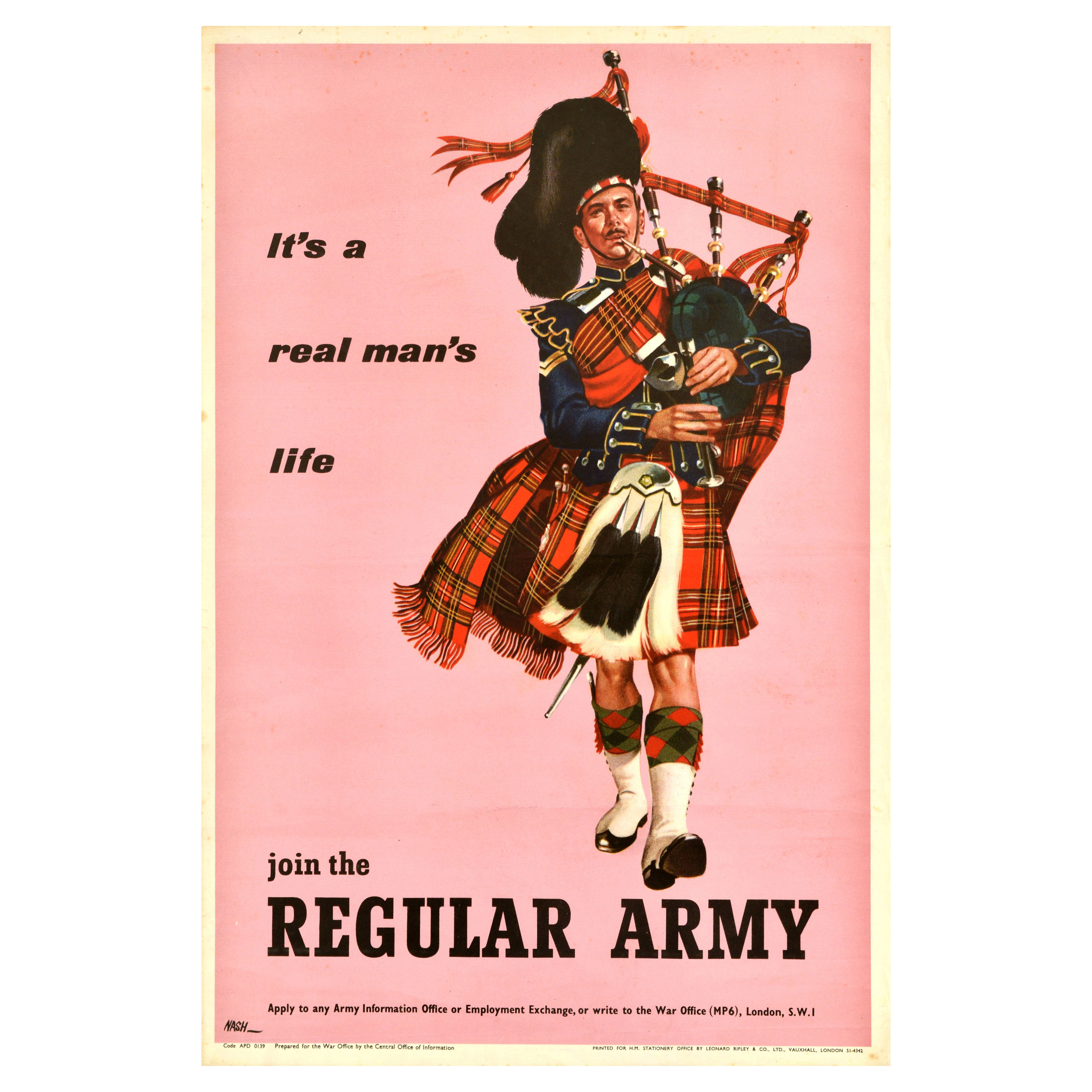 Original Vintage British Recruitment Poster Join The Regular Army Scottish Piper