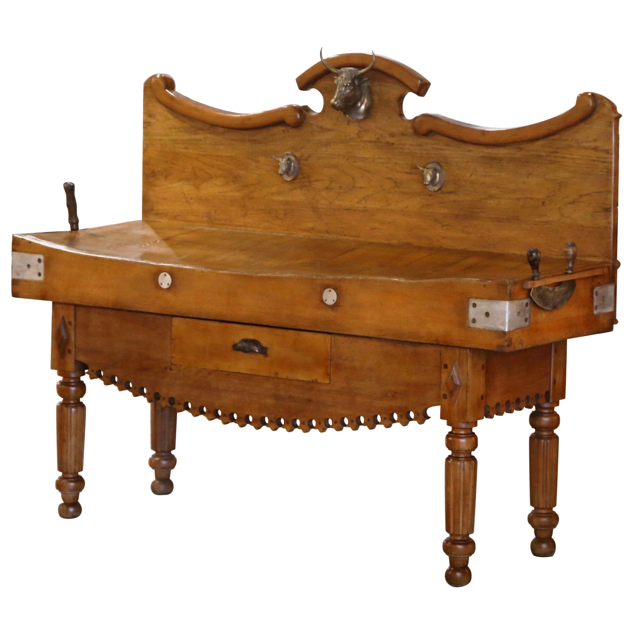 19th Century French Carved Butcher Block with Back, Bull Head & Chopping Knifes
