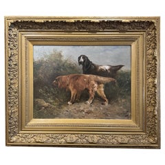 19th Century Oil on Canvas Hunting Dogs Painting in Gilt Frame Signed H Schouten