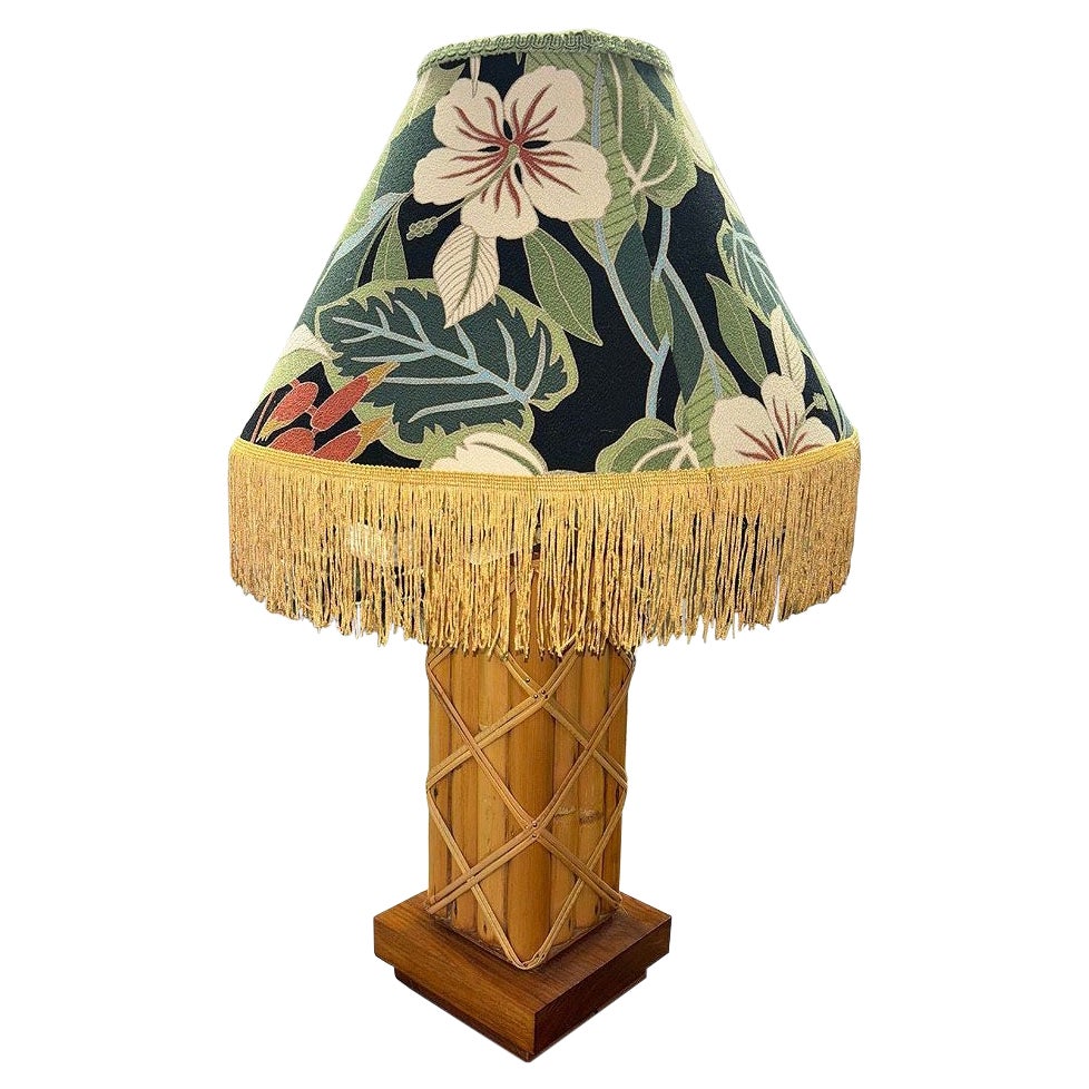 Restored Modernist Lattice Wrapped Rattan Table Lamp w/ Lamp Shade