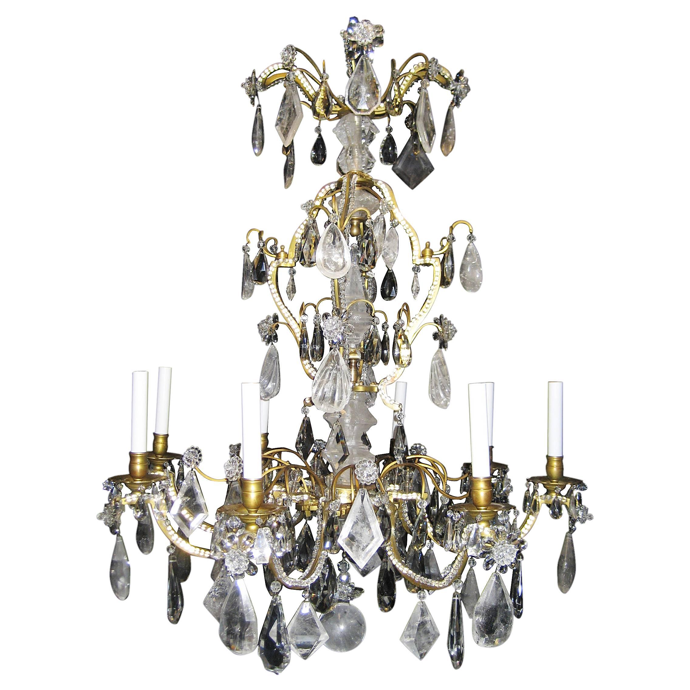 Large Antique French Louis XVI Baguès Bronze and Cut Rock Crystal Chandelier