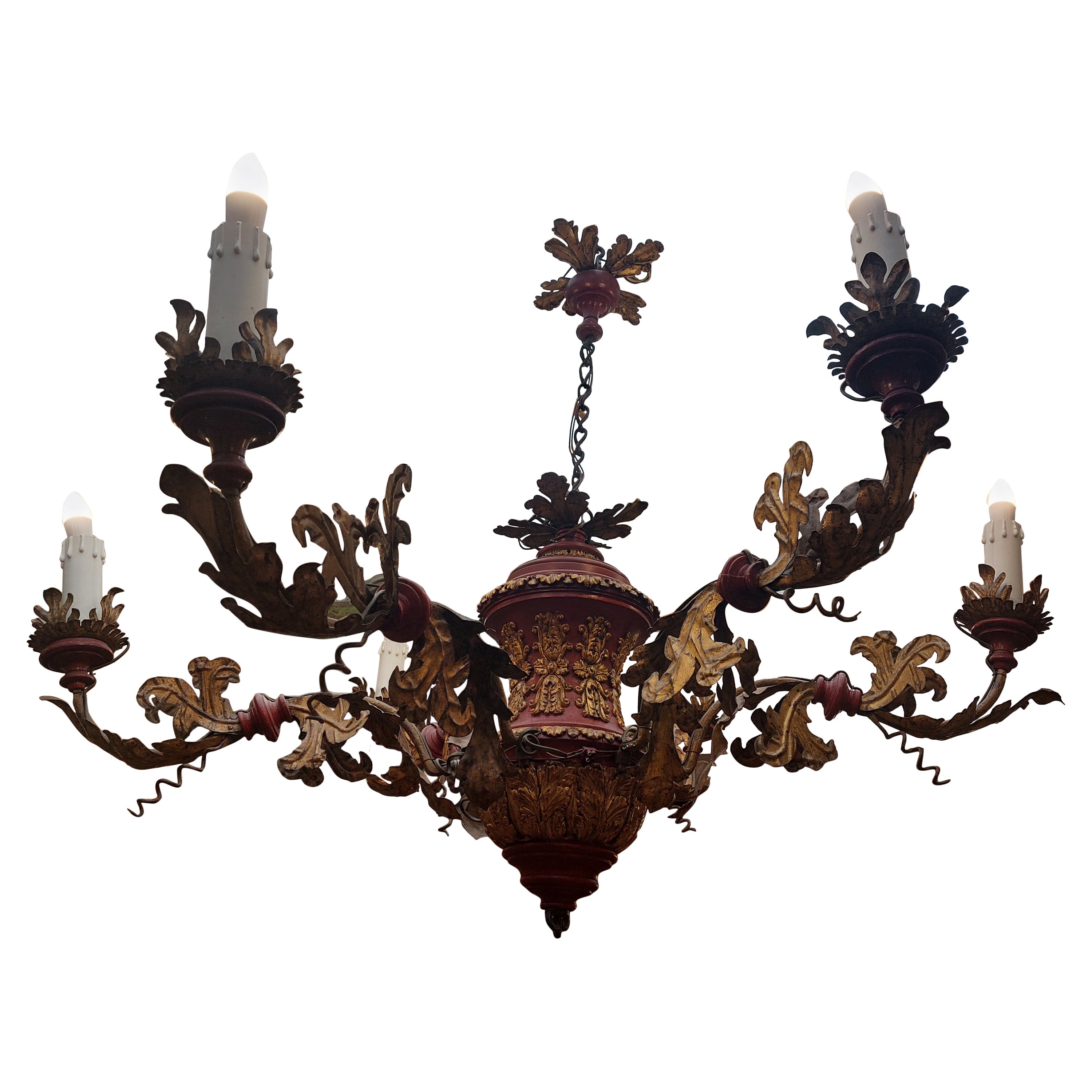 Red wooden chandelier with gold carvings