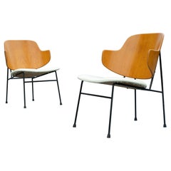 Pair of Ib Kofod-Larsen Penguin Lounge Chairs Wrought Iron, Leather & Bentwood