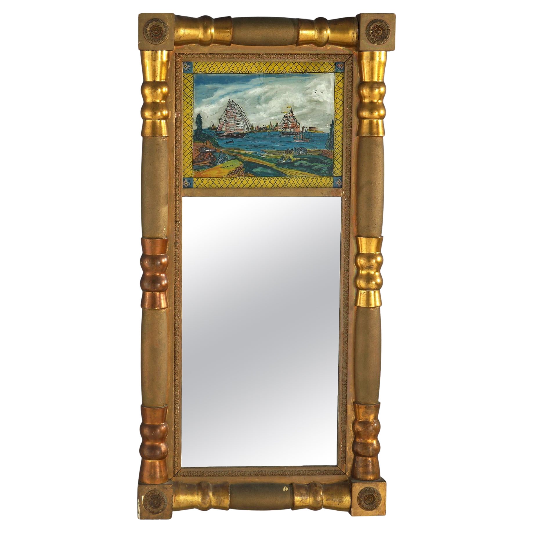 Antique American Classical Empire First Finish Eglomise & Giltwood Wall Mirror