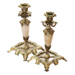 Pair of 19th Century French Napoleon III Bronze and Marble Candlesticks