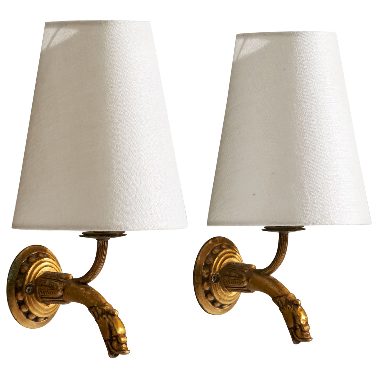 French Designer, Wall Lights, Brass, Fabric, France, 1940s