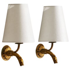 French Designer, Wall Lights, Brass, Fabric, France, 1940s