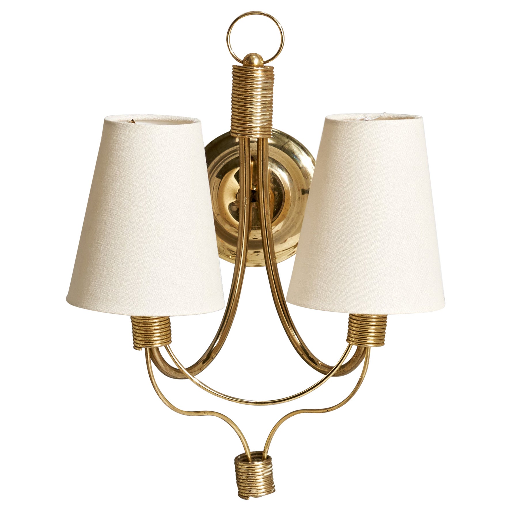 French Designer, Wall Light, Brass, Fabric, France, 1950s