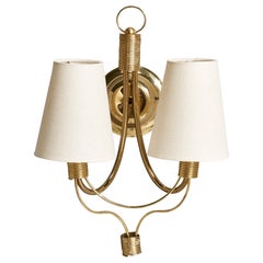 French Designer, Wall Light, Brass, Fabric, France, 1950s