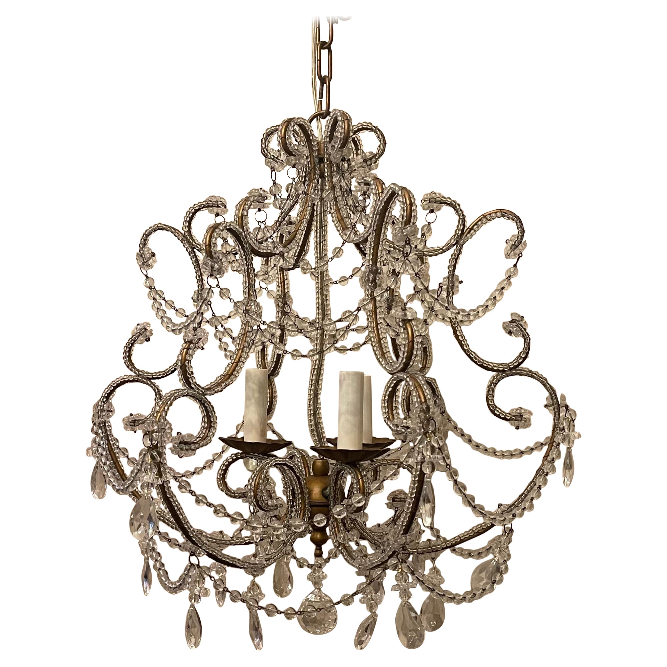 Wonderful Beaded Italian Baguès Birdcage Crystal Gold Gilt Flower Chandelier For Sale