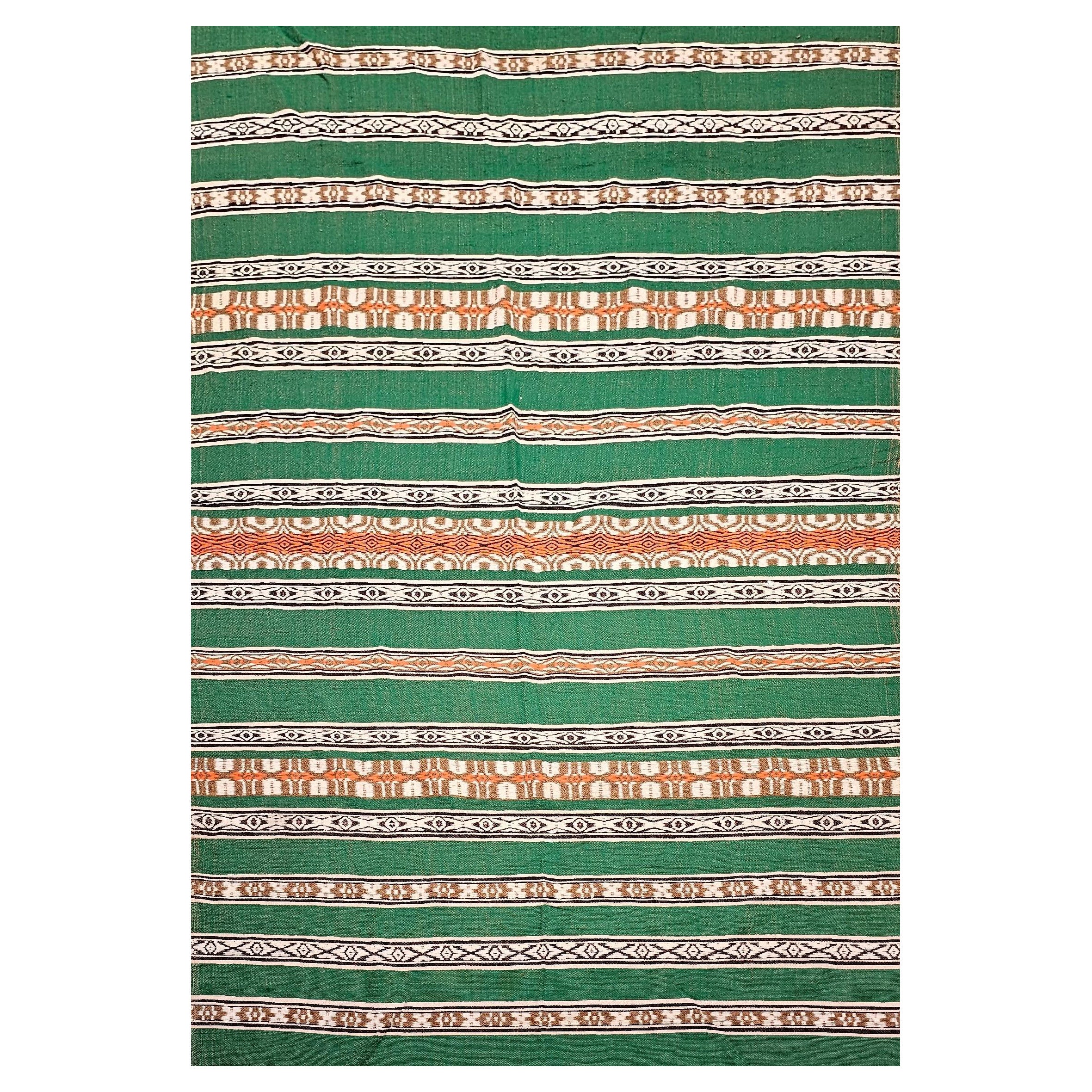 Vintage Southwestern Flat-Woven Blanket in Green, Ivory, Brown, Orange & Black