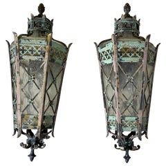 Large Pair of Handcrafted Wall-Mounted Solid Brass Lanterns / Sconces
