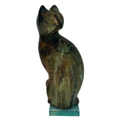 Vintage 1980s Tony Evans Raku Pottery Green Cat Animal Ceramic Sculpture