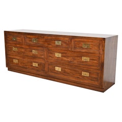 Henredon Mid-Century Modern Hollywood Regency Campaign Oak Long Dresser, 1970s