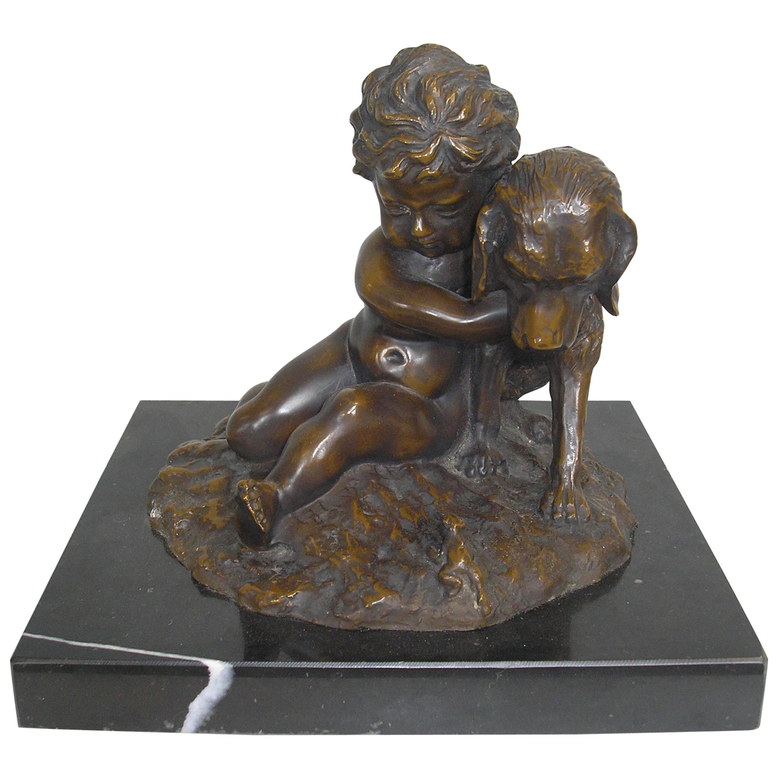 Child with Dog Bronze by J. Daste, circa 1920 For Sale