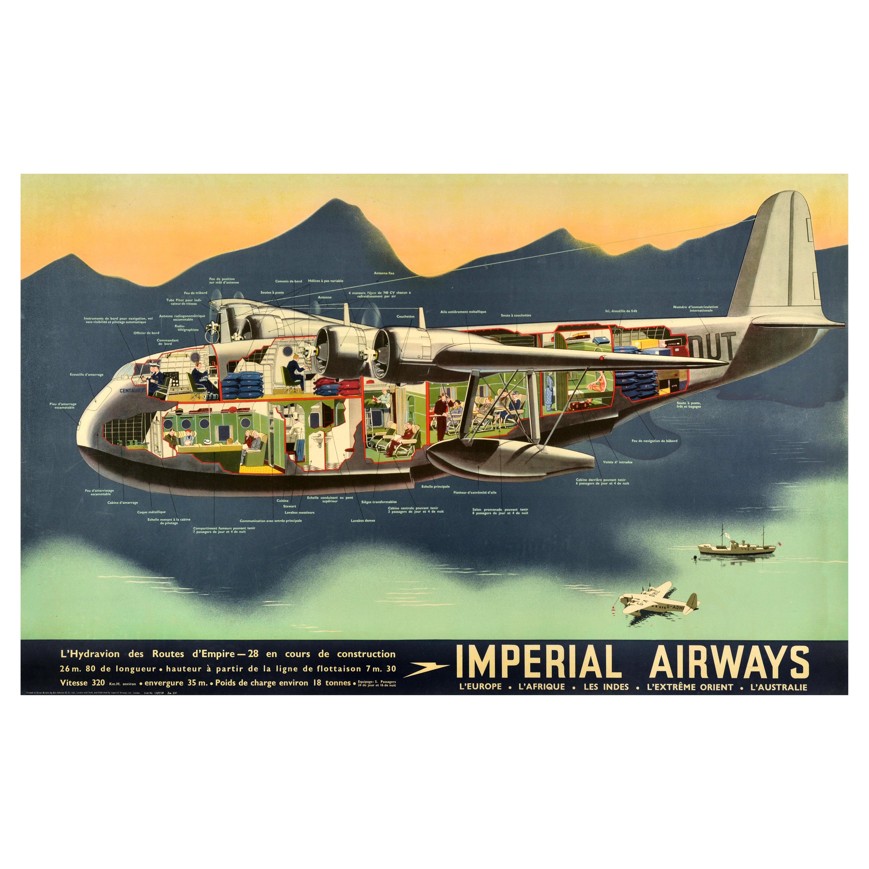 Original Vintage-Reiseplakat Imperial Airways Hydravion Empire Flying Boat, Imperial Airways, Empire
