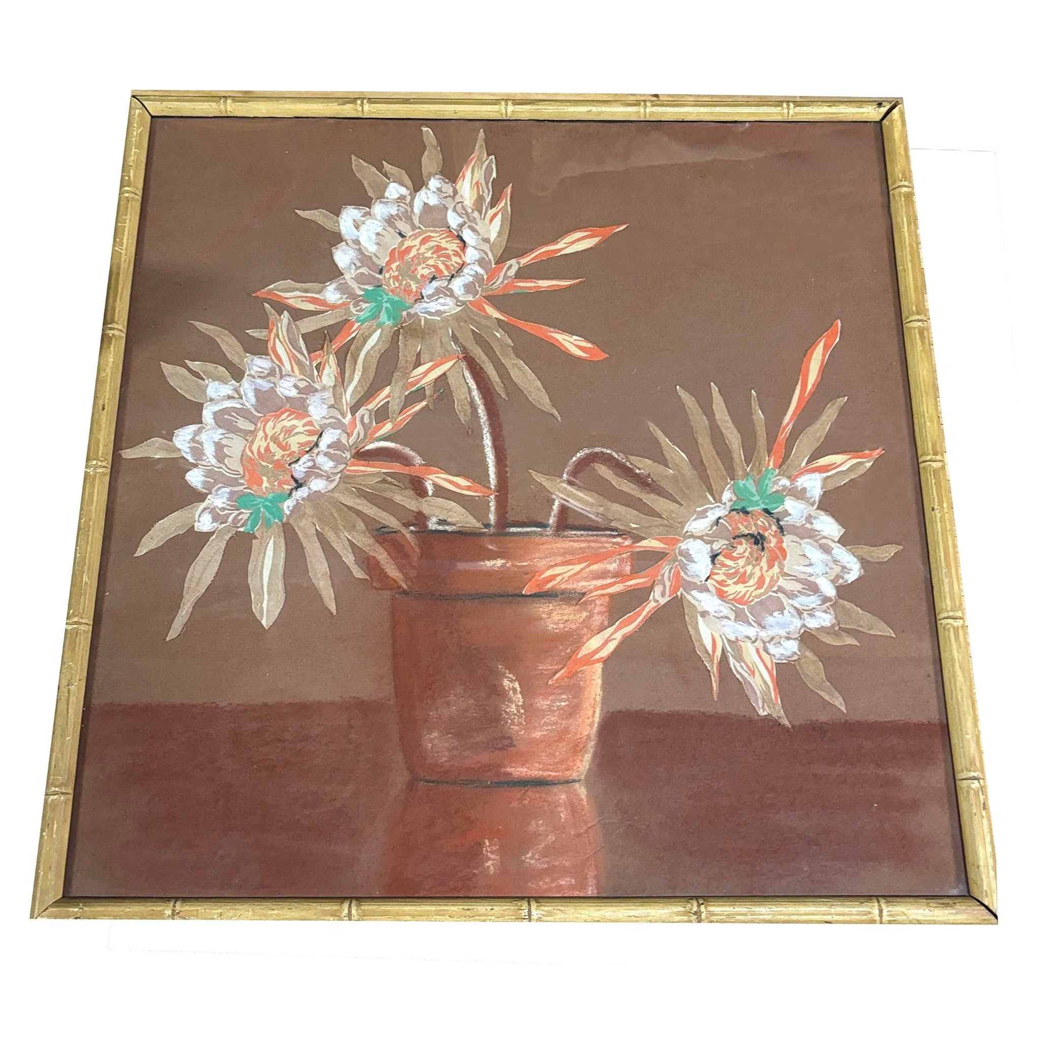 Peinture d'art encadrée Cereus Flower Fabric des années 1970, non signée