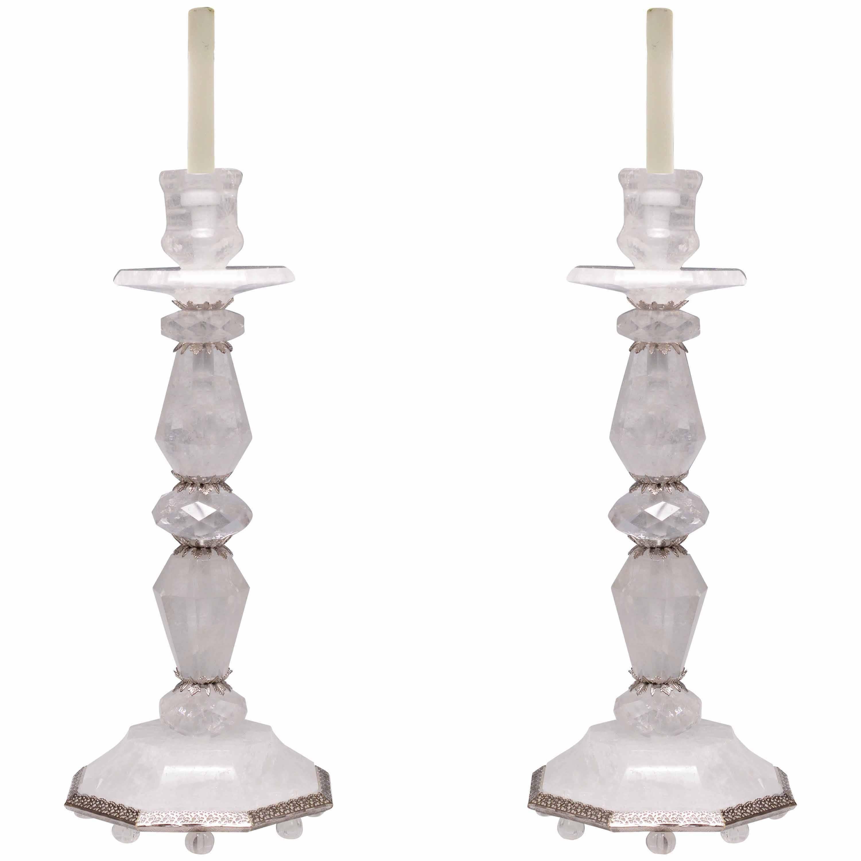 Pair of Fine Carved Rock Crystal Quartz Candle Holders