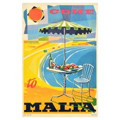 Poster di viaggio originale d'epoca Vieni a Malta Frank Portelli Spiaggia Mediterranea