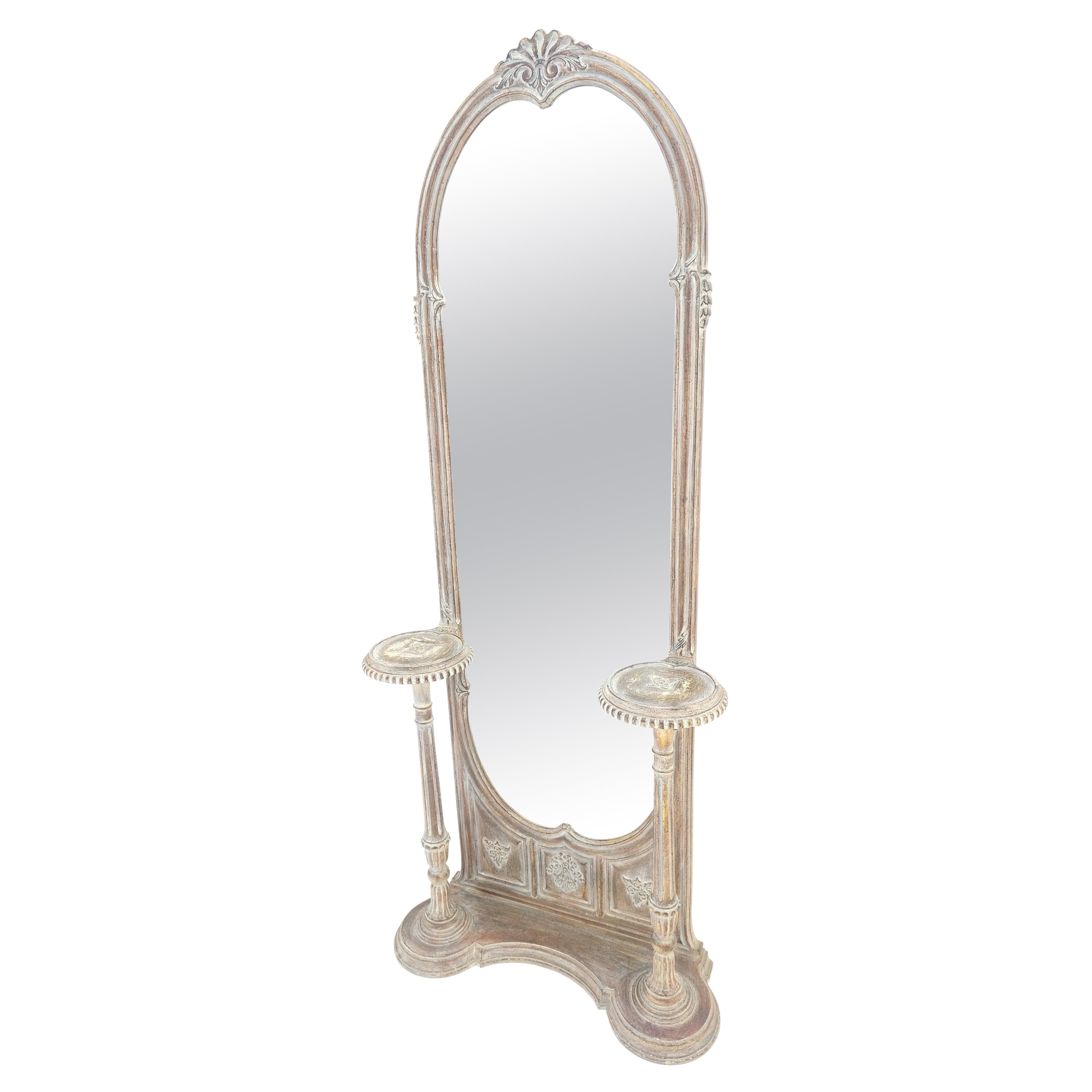 Très beau miroir de quai en bois sculpté et doré avec piédestaux intégrés, porte-fleurs MINT !