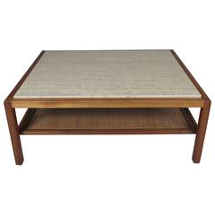 Vintage 1950s Walnut and Travertine Coffee Table
