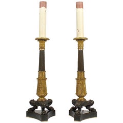 Pair of Antique Patinated and Gilt French Bronze Empire Style Candlestick Lamps