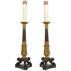 Pair of Antique Patinated and Gilt French Bronze Empire Style Candlestick Lamps 3