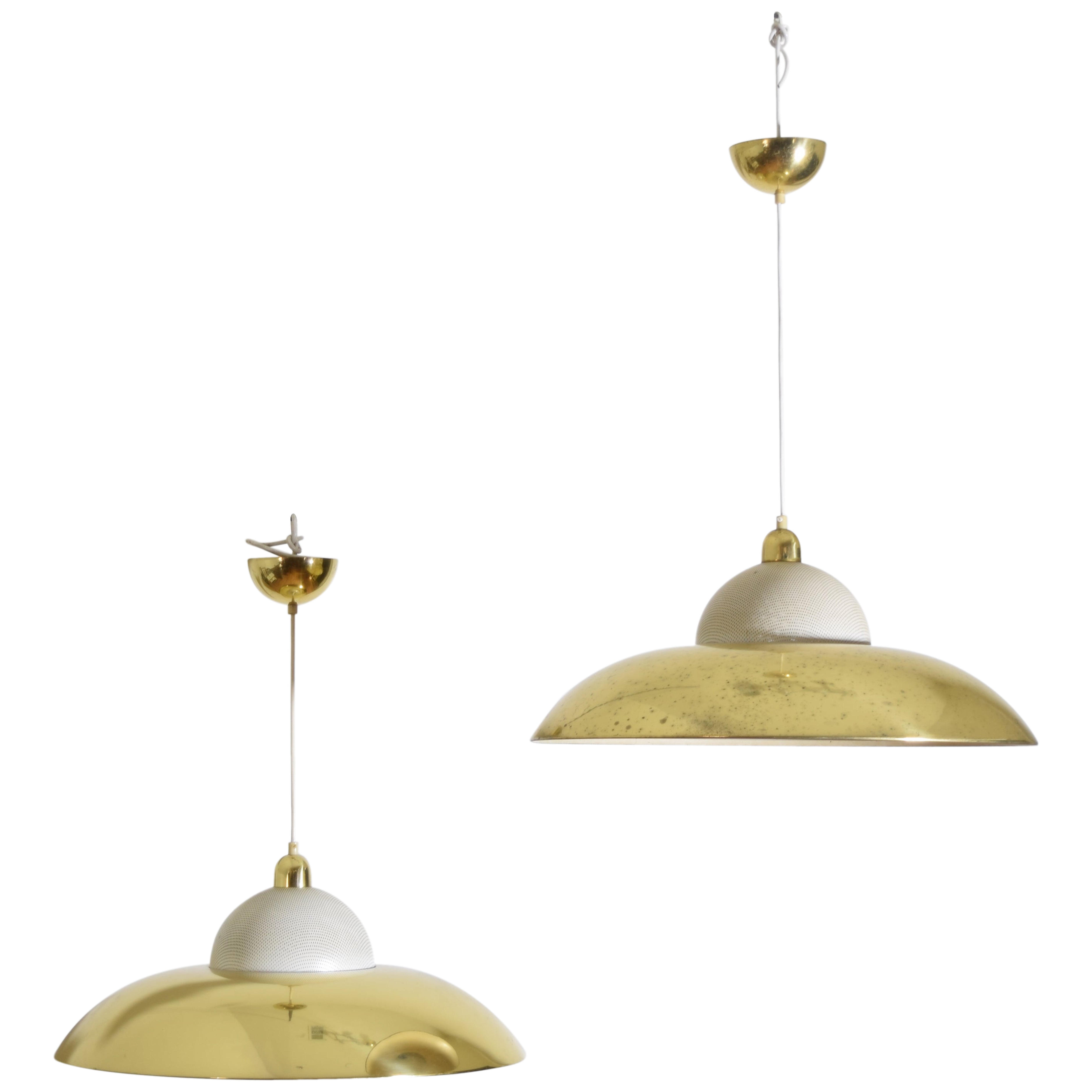 Pair Italian Modern Large Brass & Painted Metal Pendant Lights, ca. 1970 For Sale