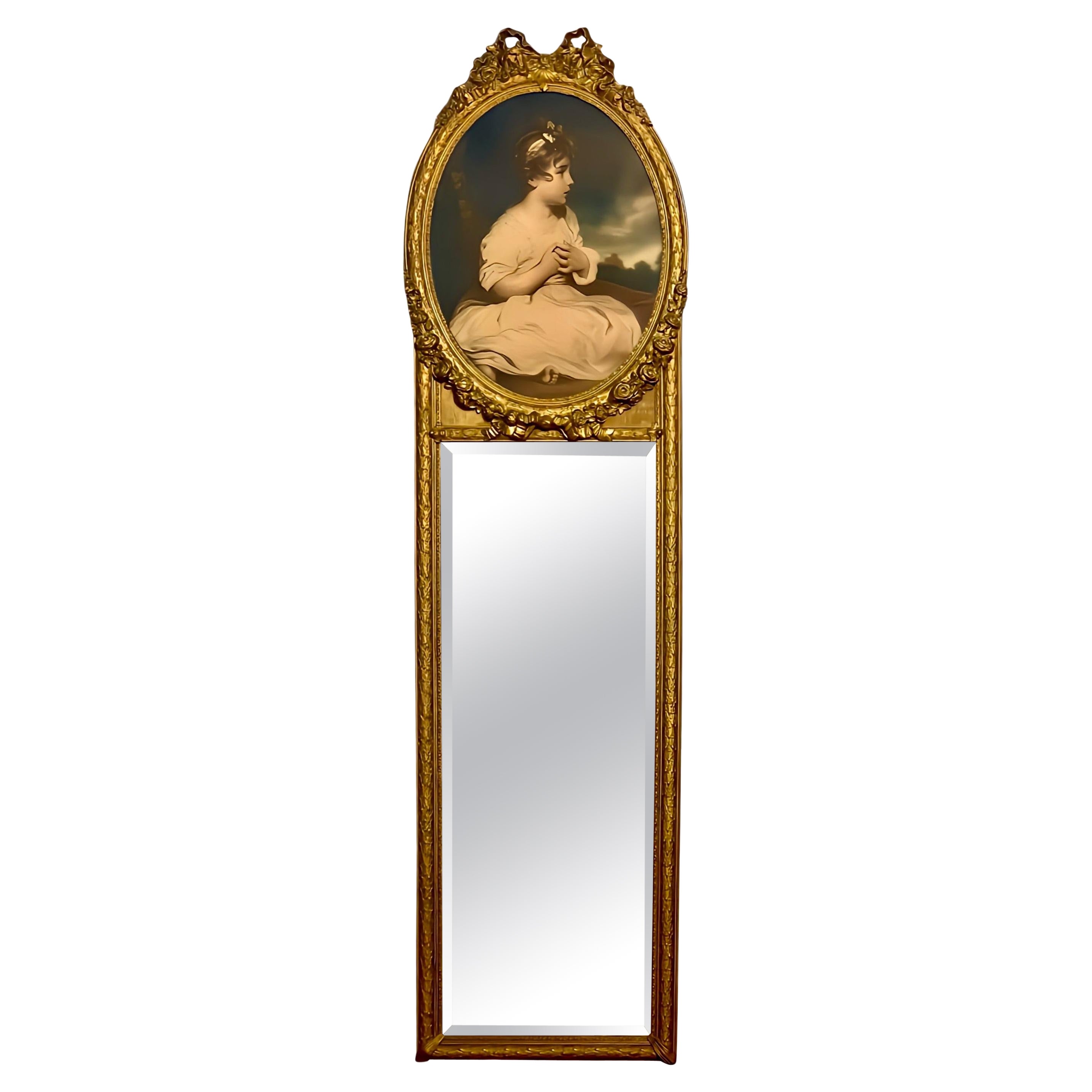 Miroir Trumeau Louis XVI du 19ème siècle en bois doré étroit avec lithographie d'une fille en vente