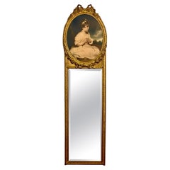 19. Jh. Französischer Ludwig XVI. schmaler Giltwood-Trumeau-Spiegel mit Lithographie eines Mädchens