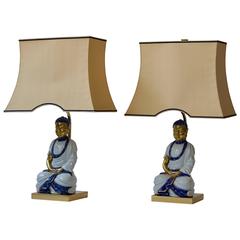 Vintage Pair of Hollywood Regency Standing Buddha Table Lamps