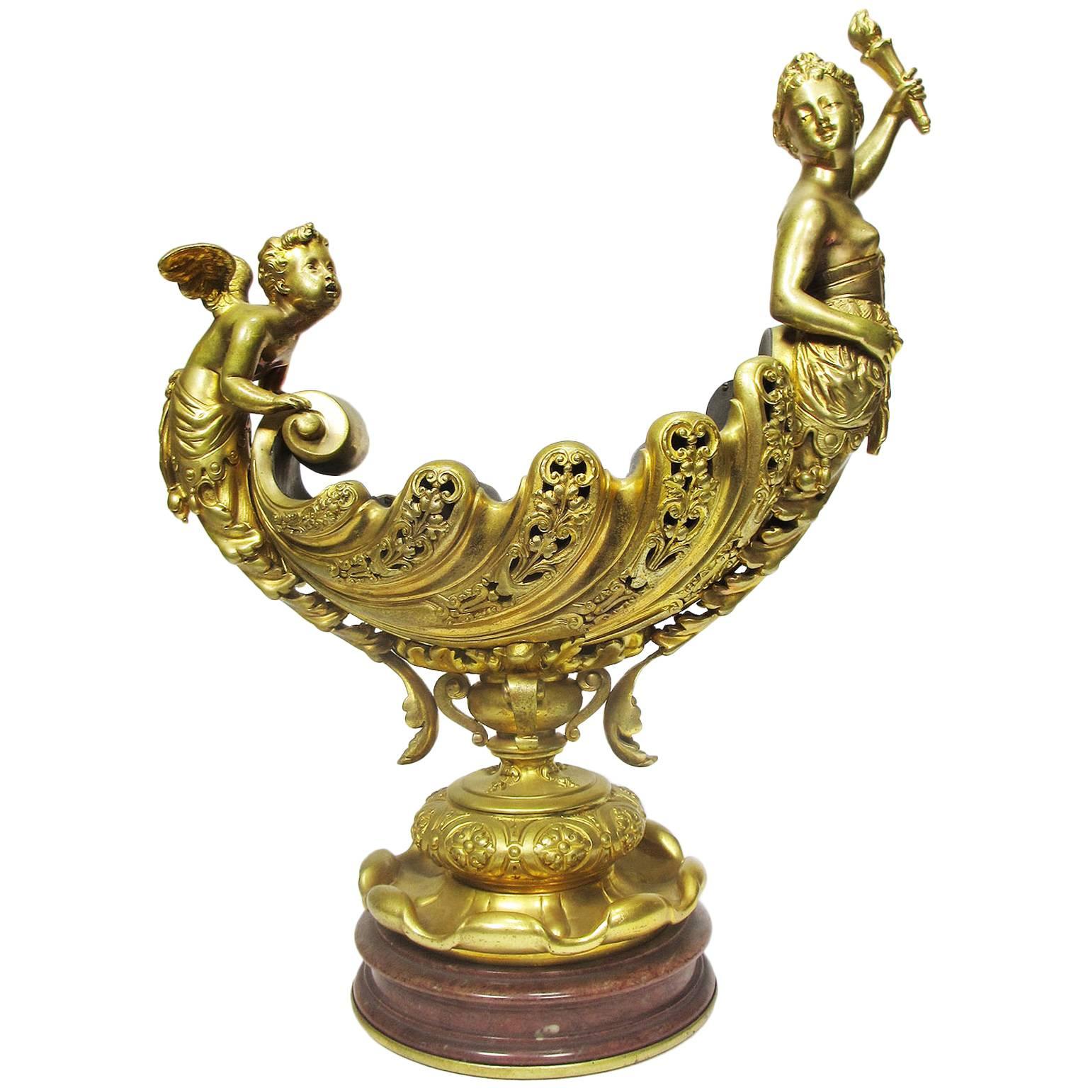 A Fine French Empire Style Gilt Bronze Trophy Cherub & Maiden "Love & Victory" For Sale